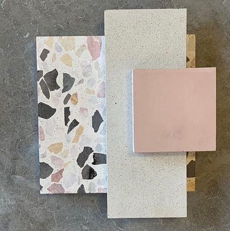 With Color Palette, Concrete Collaborative, Materials Board, Summer Juice, Materials Board Interior Design, Retro Boutique, Terrazzo Design, Material Board, Pink Tiles