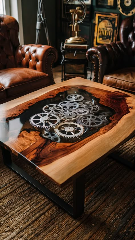 This coffee table, featuring intricate gear designs encased in epoxy resin, is a true statement piece. #IndustrialDesign #EpoxyCraft #HomeDecor Epoxy Resin Table Top Ideas, Resin Table Top Ideas, Epoxy Resin Table Coffee Tables, Wood Epoxy Projects, Wood And Epoxy Projects, Epoxy Resin Table Ideas, Unique Resin Ideas, Epoxy Resin Art Ideas, Epoxy Resin Furniture