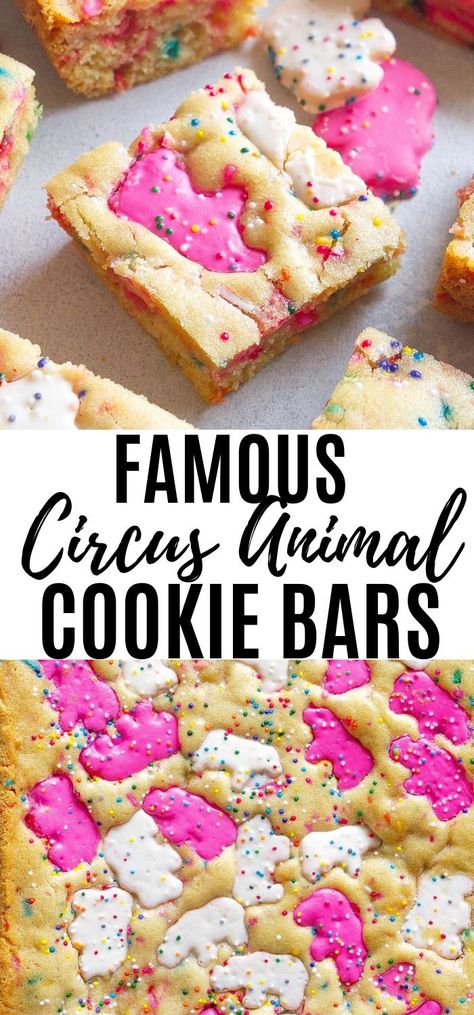 These soft and chewy Famous Circus Animal Cookie Bars are buttery and sweet. Pieces of the famous Circus Animal Cookies are in each bite! #circusanimalcookies #blondies #circusanimals #sprinkles #dessert #cookiebars #frostedanimalcookies #animalcookies #bars Circus Animal Cookie Bars, Mothers Animal Cookies, Circus Animal Cookie Dip, Circus Animal Blondies, Iced Animal Cookies Desserts, Circus Animal Cookie Cupcakes, Circus Animal Cookie Dessert, Dipped Animal Crackers, Crumbl Animal Cookie Copycat