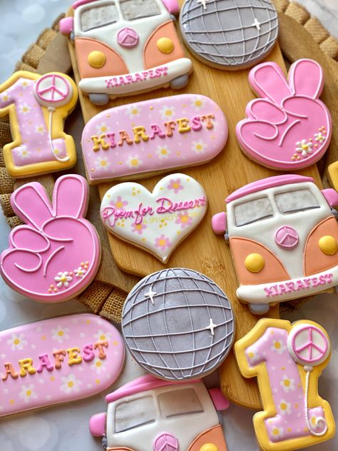 Custom decorated cookies The Millers Wife Custom Cookies, 60’s Aesthetic, Cookie Making, Hippie Birthday, Life Is Sweet, Summer Cookies, Cutout Sugar Cookies, Cake Gallery, Birthday Cookies