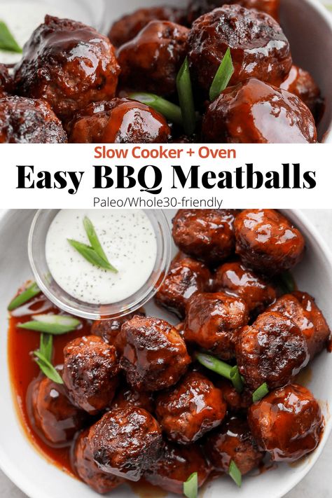 BBQ Meatballs - an easy, go-to barbecue meatball recipe that can be made in the slow cooker, oven, or simply on the stove top! #bbqmeatballs #mealprep #whole30recipes #paleorecipes #weeknightdinner #easymeals #gameday Bbq Meatballs Stove Top, Barbeque Meatballs, Slow Cooker Bbq Meatballs, Easy Bbq Meatballs, Oven Meatballs Recipe, Barbecue Meatball Recipes, Bbq Turkey Meatballs, Bbq Meatballs Crockpot, Bbq Meatball Recipe