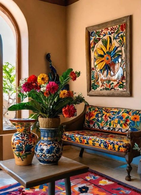 Mexican Style Living Room, Mexican Style Homes, Modern Mexican Home Decor, Native Decor, Mexican Restaurant Decor, Modern Mexican Home, Mexican House, Display Artwork, Gallery Wall Ideas