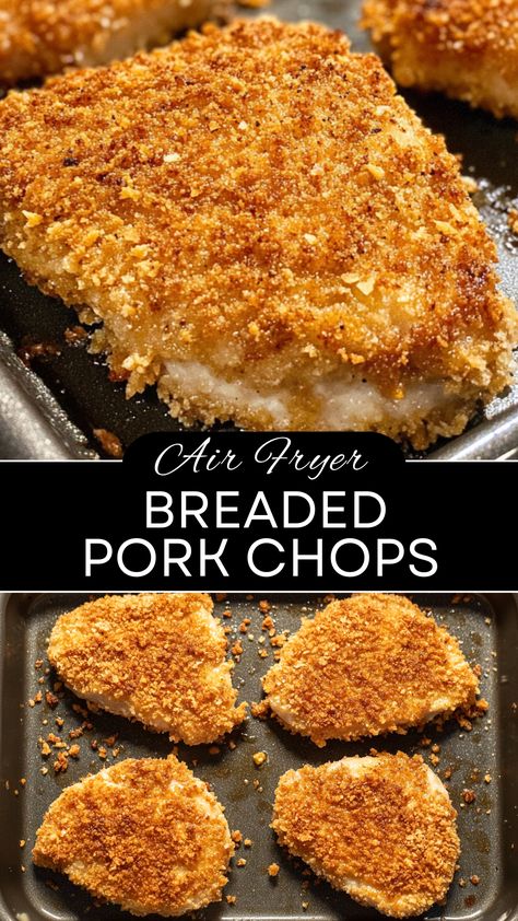 Crispy, juicy, and so easy to make! These Air Fryer Breaded Pork Chops are perfect for a quick weeknight dinner or a weekend feast. Enjoy the delightful crunch of seasoned breading combined with tender, flavorful meat in every bite. Save this recipe for your next family gathering or meal prep to impress everyone at the table! Crispy Air Fryer Pork Chops Bone In, Crispy Pork Chops Air Fryer, Pork Steak Air Fryer Recipe, Panko Pork Chops Air Fryer, Pork Chops In Air Fryer Boneless, Tenderized Pork Chop Recipes, Pork Chop Bites Recipes, Pork Chop Air Fryer Recipes, Breaded Pork Chop Recipes