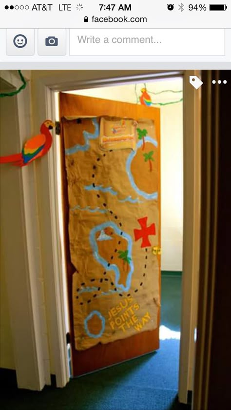 Pirate Theme Door Decorations, Pirate Library Display, Treasure Island Vbs, Vbs Treasure Theme, Pirate Vbs Decorations, Treasure Decorations, Pirates Crafts, Treasure Hunt Vbs, Pirate Vbs