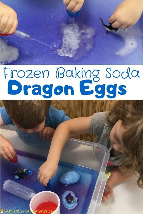 Frozen Baking Soda Dragon Eggs | Inspiration Laboratories Dragon Activities Eyfs, Fairytale Science Preschool, Dragon Activities For Preschool, Dragon Science Experiment, Fairytale Science Activities, Dragon Crafts For Kids Preschool, Dragon Activity For Kids, Dragon Sensory Bin, Dragon Games For Kids