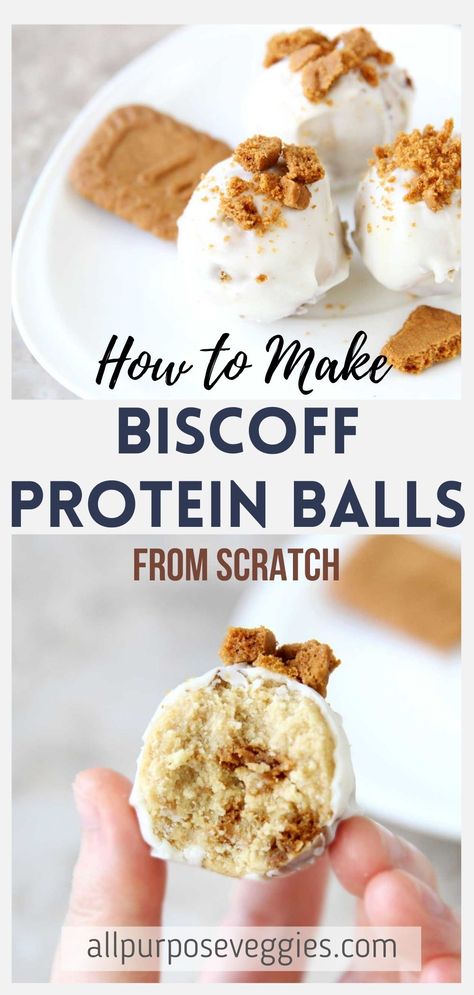 Lotus Biscoff Protein Balls (Easy Caramelized Energy Bites) - All Purpose Veggies Biscoff Protein Shake, Biscoff Protein Balls, Herbalife Protein Balls, Bariatric Treats, Biscoff Protein, Protein Bites Recipe, Protein Sweets, Protein Balls Recipe, No Bake Energy