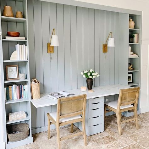 Stephanie Jane Cameron's DIY IKEA HACK! built-in desk / home office / homework space with Vertical Shiplap, Boothbay Gray, shelving, shelf styling, caned chairs, marble desk top, brass sconces. Follow me on Instagram for lots more design tips and DIY tutorials! Built In Double Desk, Diy Built In Desk, Painting Ikea Furniture, Desk Hacks, Double Desk, Ikea Desk, Desk Areas, Wall Desk, Rooms Reveal