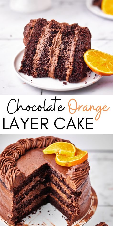 This Chocolate Orange Cake consists of layers of moist chocolate and orange cake filled with silky mousse-like chocolate orange frosting and topped with an orange-infused chocolate ganache. The filling is made with a custard base which makes it super smooth and light and it carries so much flavor - it's absolutely delicious. Great as a celebration cake for a special occasion, birthday or dinner party. Tastes just like a Terry's Chocolate Orange but in cake form. #dessert #chocolateorange Terrys Chocolate Orange Cake, Orange Cake Filling, Orange Layer Cake, Chocolate Orange Cake, Infused Chocolate, Orange Mousse, Orange Buttercream, Terry's Chocolate Orange, Chocolate Ganache Frosting