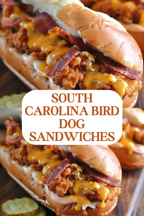 South Carolina Bird Dog Sandwiches are the ultimate Southern comfort food, combining crispy chicken tenders, smoky bacon, melted cheddar… South Carolina Bird Dog Sandwich, Bird Dog Sandwich, Fancy Sandwiches, Southern Comfort Food, Crispy Chicken Tenders, Bird Dog, Hot Dog Recipes, Comfort Food Southern, Honey Mustard Sauce