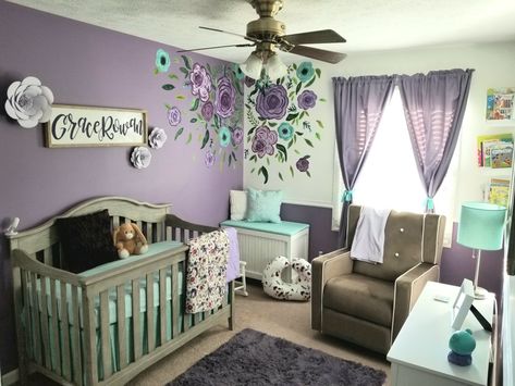 Purple Floral Nursery Decor, Purple And Blue Nursery Girl, Purple Princess Nursery, Purple And Sage Nursery, Purple And Teal Nursery, Sage And Purple Nursery, Purple Nursery Theme, Girly Nursery Ideas Purple, Purple And Blue Nursery