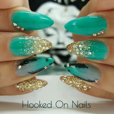 Teal nails, gold ombre, rose gold, feather nail art, swarovski crystals Gold And Teal Nails, Nail Art Turquoise, Teal Nail Art, Teal Acrylic Nails, Nails Teal, Feather Nail Art, Nails Toes, Purple Ombre Nails, Feather Nails