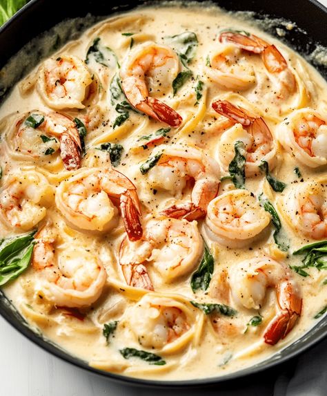 Creamy Tuscan Shrimp Linguine Recipe Creamy Tuscan Shrimp Pasta, Spinage Recipes, Creamy Tuscan Shrimp, Shrimp Linguine Recipe, Shrimp Spinach Pasta, Tuscan Shrimp, Shrimp Spinach, Seafood Linguine, Tuscan Pasta