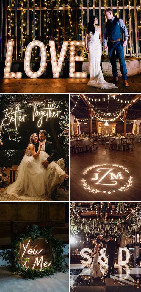 creative light up wedding letter signs ideas Bridget Wedding, Wedding Lighting Ideas, Indoor Wedding Decorations, Memorable Wedding Ideas, Wedding Reception Lighting, Signs For Wedding, Romantic Wedding Receptions, Wedding Backyard Reception, Lights Wedding Decor