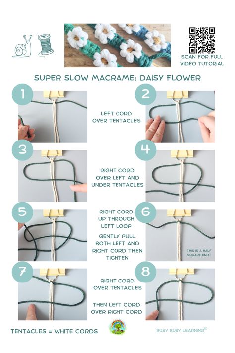 Macrame tutorial pdf with super slow - no time-lapsing video tutorial to accompany. Free pattern Daisy flower pattern Daisy Macrame Tutorial, Daisy Flower Tutorial, Macrame Daisy, Daisy Tutorial, Flower Macrame, Daisy Flower Pattern, Daisy Art, Flower Daisy, Macrame Knot