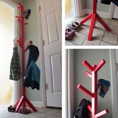 Standing Coat Rack Diy, Diy Hat Tree, Diy Coat Tree Simple, Coat Rack Plans, Diy Freestanding Coat Rack, Coat Tree Diy, Free Standing Coat Rack Diy, Diy Coat Rack Stand, Coat Trees