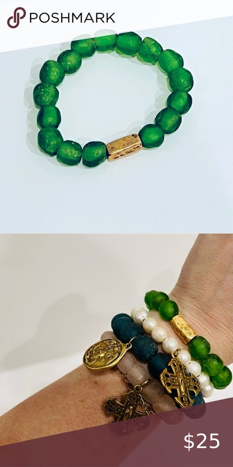 Emerald Green Recycled African Glass Bracelet, With Antiqued Gold Spacer Antique Gold Bracelet, Recycled Beads, Recycled Glass Bead, Dark Green Color, Medicine Bottles, Glass Bracelet, African Beads, Gold Bracelets, West Africa