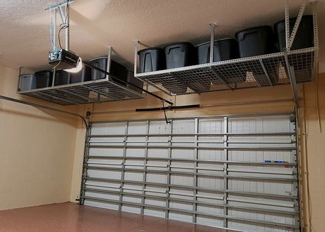 Garage Storage Above Door, Garage High Storage, 2car Garage Storage Ideas, Garage Storage Organization Ceiling, Above Garage Storage Ideas, Overhead Garage Storage Ceiling, Garage Storage Ceiling Shelves, Garage Above Storage, Upper Garage Storage