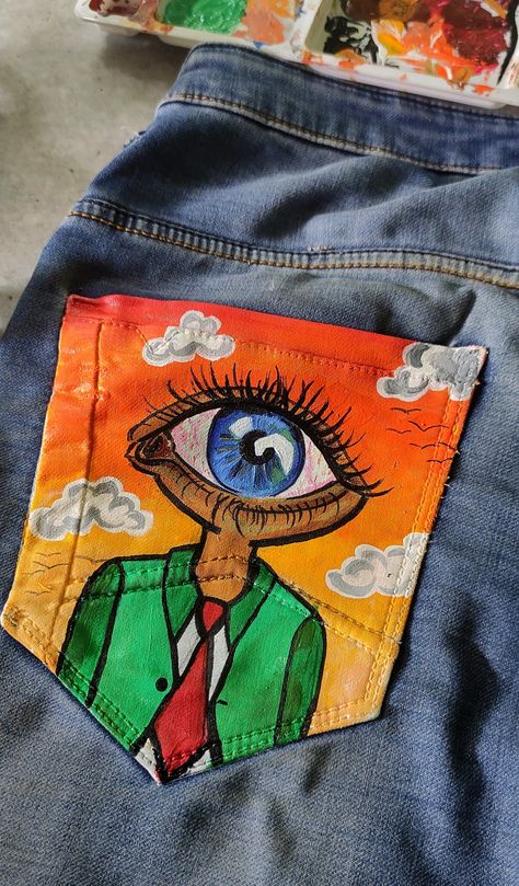 Pocket Art Jeans, Fabric Painting On Pants, Paint Pocket Jeans, Denim Pocket Painting, Denim Jeans Painting, Denim Art Painting, Jean Pocket Painting, Drawing On Clothes, Art On Pants