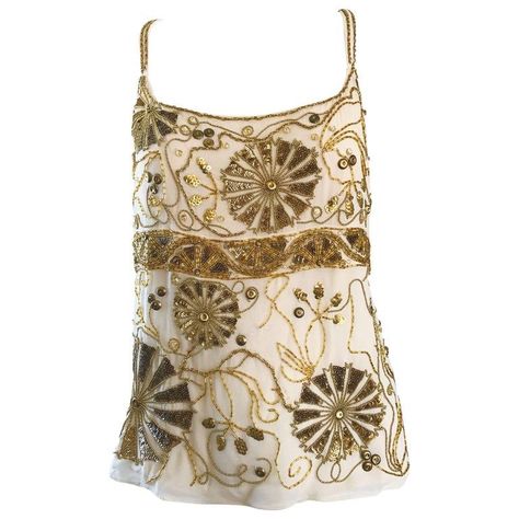 4d6e4749289c4ec58c0063a90deb3964desc45112579ri 90s Top, Vivienne Tam, Emanuel Ungaro, Beaded Chiffon, Plus Size Vintage, Gold Silk, Beaded Top, Blouse Vintage, Sleeveless Shirt