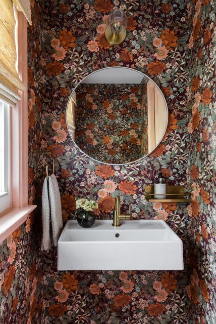 Floating Marble Sink, Powder Room Interior, Vintage Powder Room, Traditional Powder Room, Knotty Pine Walls, Lake Tahoe Cabin, Tahoe Cabin, Plaid Curtains, Blue Backsplash