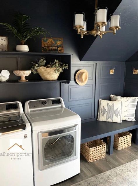 Dark Colored Laundry Room Ideas, Poppy Seed Behr Paint, Black And Copper Laundry Room, Dark Paint In Laundry Room, Dark Color Laundry Room, Navy And Gold Laundry Room, Behr Poppy Seed Paint, Dark Colored Laundry Room, Best Paint Colors For Laundry Room