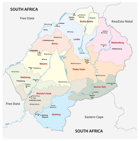 Districts of Lesotho Map Lesotho Africa, Africa Outline, Cape Colony, World Atlas, Physical Map, Satellite Maps, Military Coup, Free State, Defence Force