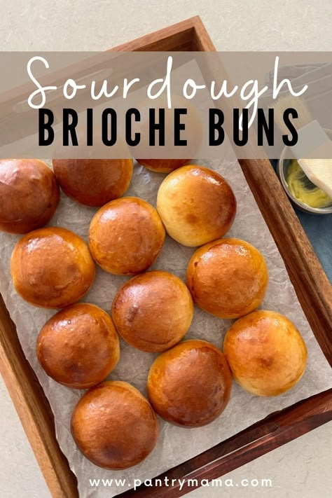 Sour Dough Buns Easy, Sourdough Discard Brioche Bread, Sourdough Brioche Hamburger Buns, Sourdough Discard Brioche Buns, Sourdough Brioche Bread Recipe, Brioche Sourdough Recipe, Sourdough Turkey Loaf, Sourdough Buns Dinner Rolls, Homemade Brioche Buns