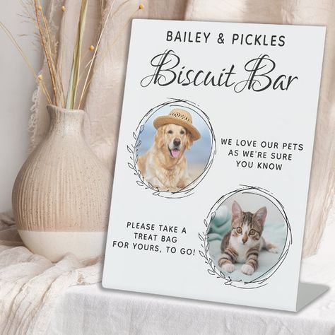 Dog Treat Wedding Favor Pet Photo Biscuit Bar Pedestal Sign Cat Treat Wedding Favors, Pet Treat Wedding Favors, Dog Treat Wedding Favors, Dog Themed Wedding, Dog Treat Wedding, Popsicle Stand, Wedding Biscuit, Dog Wedding Bandana, Favor Table