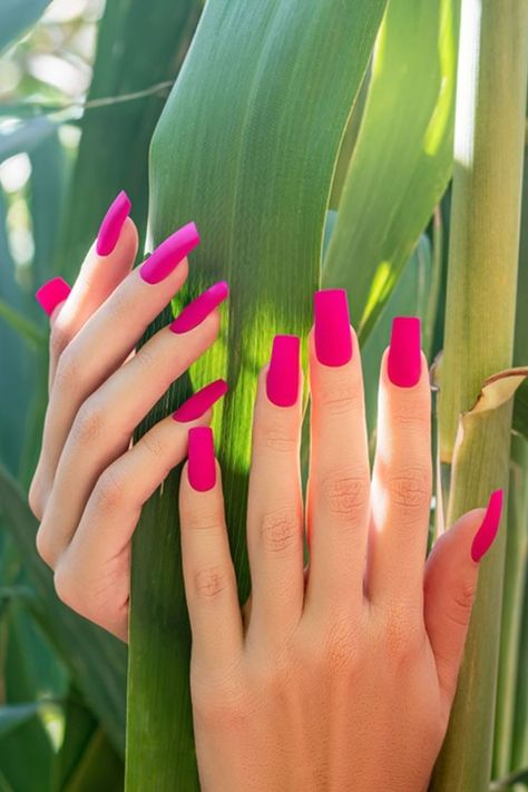 Matte Hot Pink Nails Coffin, Dark Pink Matte Nails, Pink Matte Nails Coffin, Hot Pink Matte Nails Design, Pink Matte Nails Design, Matt Pink Nails, Hot Pink Matte Nails, Dark Pink Nails Designs, Matte Nails Pink