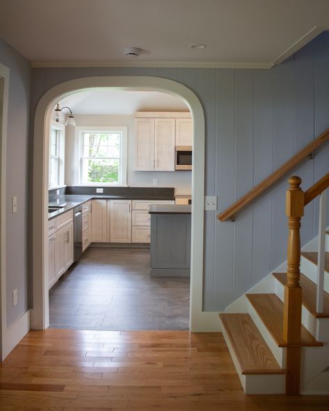 What used to be a window overlooking the side yard is now a beautiful arched doorway leading to a stunning kitchen addition. Check out the before, during, and finished photos of this part of the transformation, and stay tuned for more as we wrap up this Perkins Cove remodel! Arched Doorway To Kitchen, Kitchen With Arch Opening To Living Room, Kitchen With Arch Opening, Arched Doorway, Arch Doorway, Kitchen Addition, Stunning Kitchens, Side Yard, Small Home