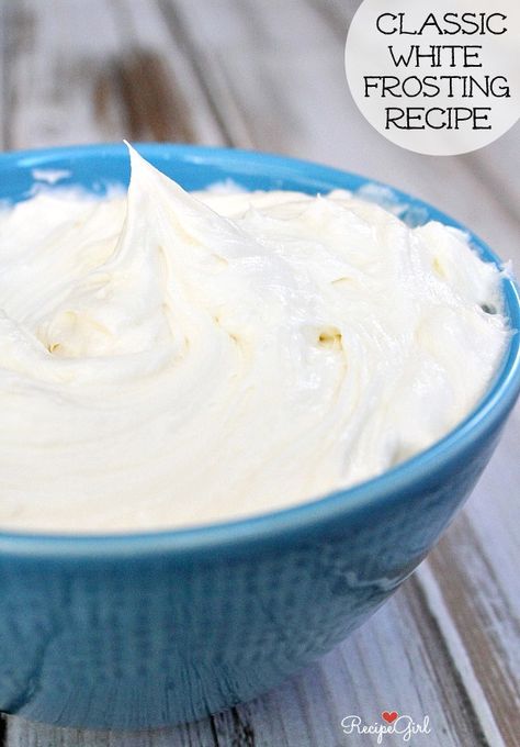 Classic White Frosting Recipe - RecipeGirl.com - perfect for a double layer cake or cupcakes! White Cake Frosting, White Frosting Recipe, White Frosting Recipes, Frost Cupcakes, Double Layer Cake, Easy Frosting, Frosting Recipes Easy, White Cake Recipe, Cake Frosting Recipe