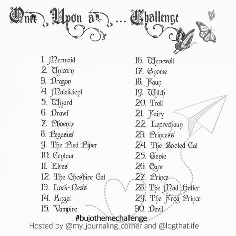 Me and the sweetest Trine from @logthatlife have made a Challenge which combine all the challenges in one. You can doodle, draw, make a quote or a 6 word story - whatever the word of the day inspires you to do.  We hope you'll enjoy "Once upon a... challenge"! Use the hashtag #bujothemechallenge and join us 30 Day Art Challenge, Kunstjournal Inspiration, 30 Day Drawing Challenge, Art Style Challenge, Drawing Ideas List, Creative Drawing Prompts, Film Disney, Drawing Prompt, Creative Challenge