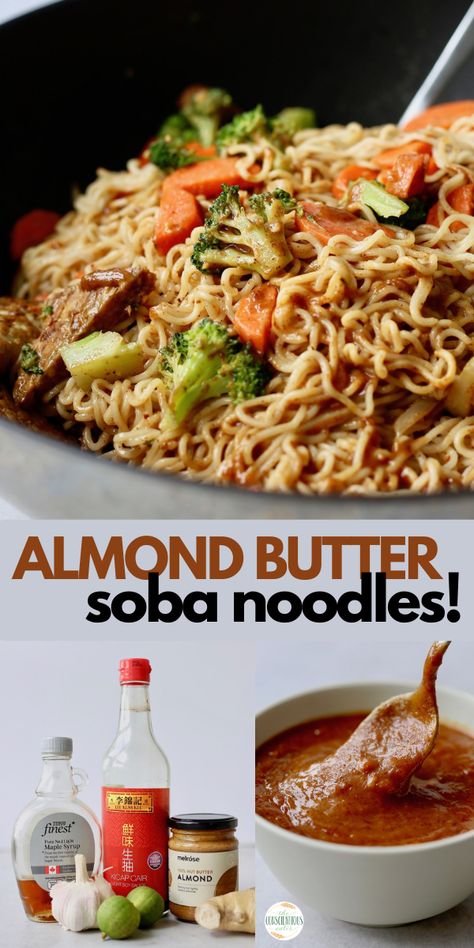 Chewy soba noodles get tossed in a rich, savory almond butter and lime sauce to make these rich and delicious Vegan Almond Butter Soba Noodles with Tofu. #vegannoodles #almondbuttersauce #vegansobanoodles #sobanoodles #almondbutternoodles via theconscientiouseater.com Soba Noodle Recipe, Almond Butter Sauce, Noodles With Tofu, Vegan Noodles Recipes, Quick Vegan Dinner Recipes, Sauteed Tofu, Soba Noodles Recipe, Tofu Noodles, Almond Butter Recipes