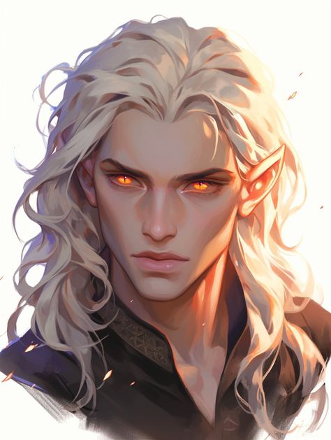 Eladrin Elf Male Spring, Avariel Elf Dnd, Elf Woman White Hair, Handsome Half Orc, Teifling Male Character Art, Winter Eladrin Male, Elf Oc Art, Dnd Elf Male, Eladrin Male