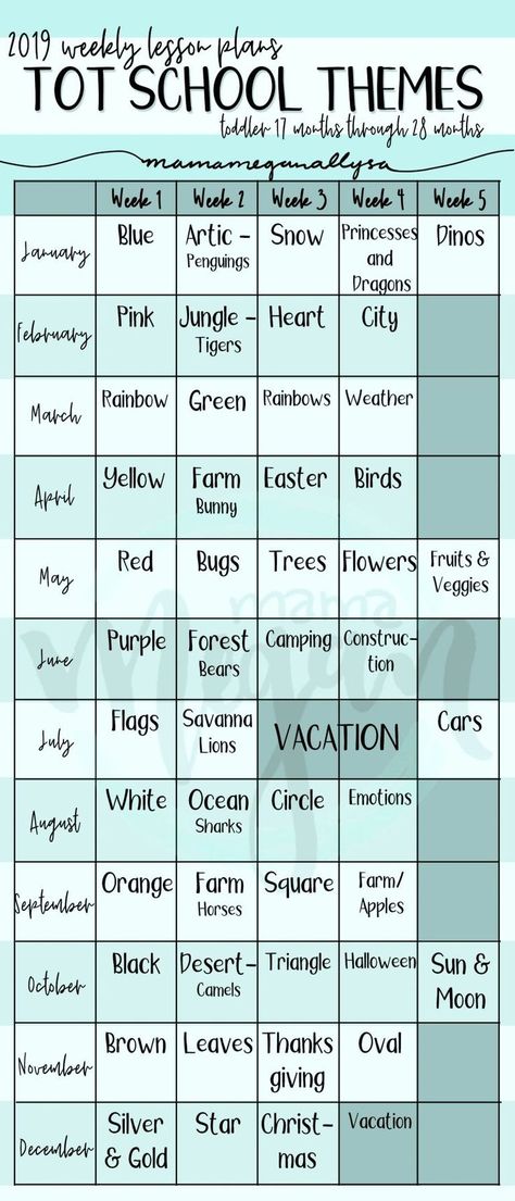 a chart that shows our 2019 tot school themes for each week of the year for a young toddler Weekly Daycare Themes Lesson Plans, Themes For Childcare, School Week Themes, May Toddler Themes, Weekly School Themes, Theme Daycare Ideas, Infant Daycare Curriculum, May Daycare Themes, Infant Themes Lesson Plans