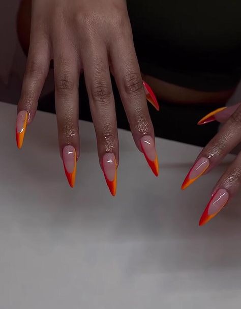 55 Best Fall Gel Nails to Inspire You Carnival Inspired Nails, Gel Ex Nail Designs, Almond Nails Designs Edgy, Long Almond Nails Designs Fall, Long Almond Acrylic Nails Art Designs, Fall Stilleto Nails, Orange Stiletto Nails, Nail Stilleto Ideas, Acrylic Nail Designs Classy