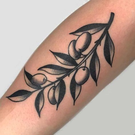 Old School Tree Tattoo, Traditional Olive Tattoo, American Traditional Olive Branch Tattoo, Black Olive Tattoo, Traditional Olive Branch Tattoo, Traditional Tree Tattoo, Olive Tattoos, Olive Branch Tattoo Mens, Olive Leaf Tattoo