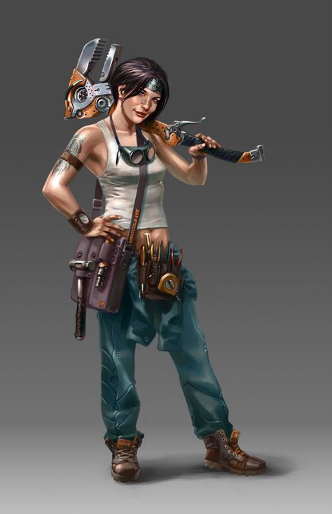 Outfit Inspo - kinda Mechanic Pose, Dnd Mechanic Character, Mechanic Outfit Female, Female Mechanic Art, Sci Fi Mechanic, Sci Fi Mechanic Character, Dieselpunk Mechanic, Scifi Character Design Female Mechanic, Mechanic Clothes