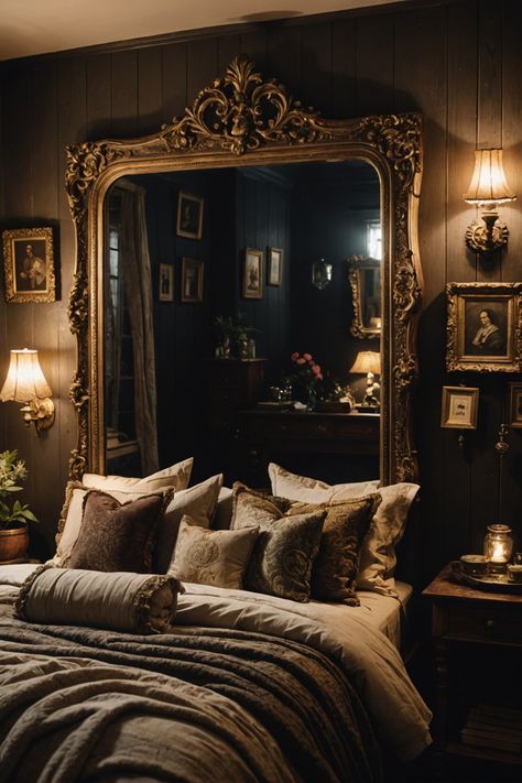 25 Dark Cottagecore Bedroom Ideas – ToolzView Mirror On Bedside Table, Dark Academia Boho Bedroom, Dark Victorian Bedroom Aesthetic, Dark Black Academia Aesthetic, Dark Parisian Bedroom, Old Bedroom Aesthetic, Moody Victorian Bedroom, Dark Royal Bedroom, Gothic Bedroom Ideas Victorian