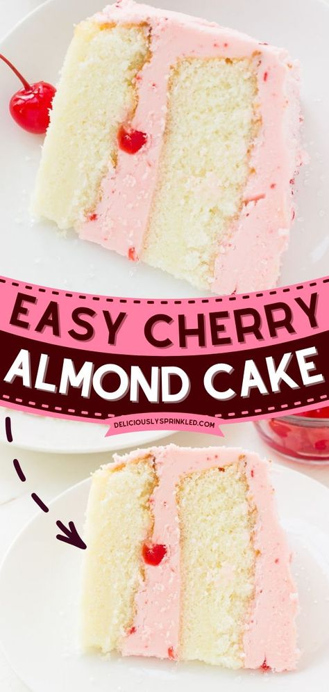 Cherry Almond Cake, cake recipes, easy desserts, sweet treats Homemade Almond Cake, Cherry Buttercream Frosting, Almond Layer Cake, Cherry Almond Cake, Cherry Buttercream, Cherry Chip Cake, Cherry And Almond Cake, Cherry Cake Recipe, Cupcakes Recipes