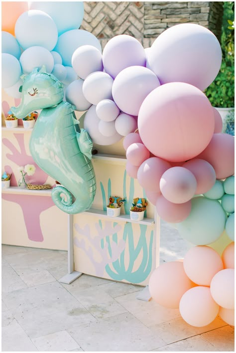 Charlotte Kids' Birthday Inspiration "One Shell of a Party" with photographer Demi Mabry. Colorful pastels and mermaids bring this party theme alive! #DemiMabry #OneShellofaParty #MermaidThemeParty One Shell Of A Party, Mermaid Birthday Party Pastel Colors, Pastel Ocean Birthday Party, Beach Theme First Birthday Party Girl, Shellabration Party, Mermaid Birthday Party Balloons, Boho Mermaid Birthday Party, Shellebrate Birthday, Pastel Mermaid Party