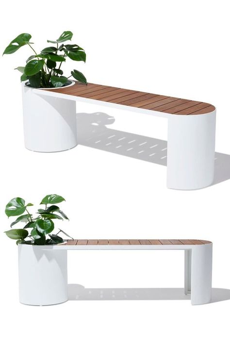 Modern Outdoor Bench Design, Outdoor Bench Planter, Bench Design Outdoor, Outdoor Bench Design, Bench With Planter, White Outdoor Bench, Small Moody Office, Plant Chair, Gym At Home Ideas