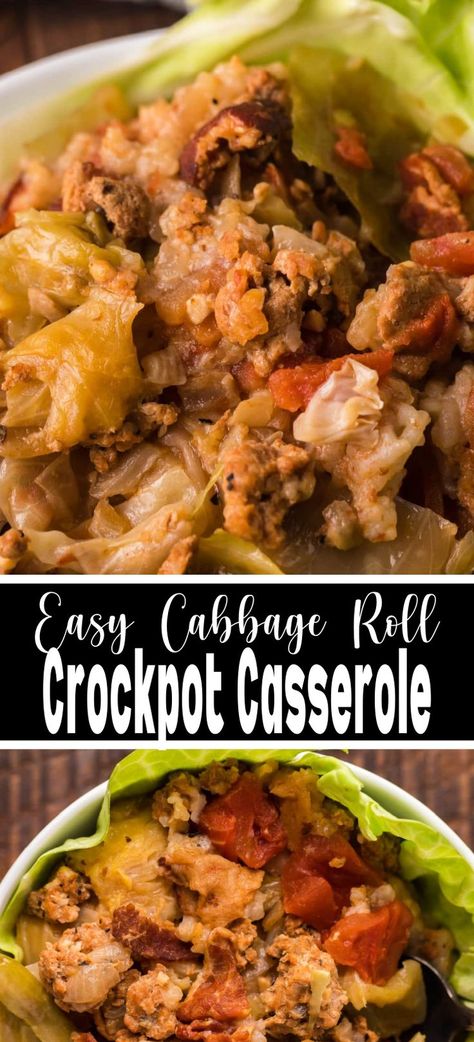 Collage of closeup shot of slow cooker cabbage roll casserole at top and bottom. Cabbage Roll Crockpot Casserole, Crock Pot Cabbage Roll Casserole, Lazy Cabbage Roll Casserole Slow Cooker, Crock Pot Unstuffed Cabbage Rolls, Slow Cooker Stuffed Cabbage Rolls, Easy Cabbage Roll Casserole Crockpot, Slow Cooker Unstuffed Cabbage Rolls, Crockpot Meals With Cabbage, Crockpot Lazy Cabbage Rolls