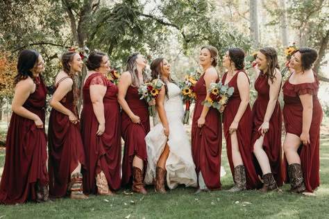 Western Burgundy Bridesmaid Dresses, Black Bridesmaid Dresses With Cowboy Boots, Cowboy Boots Bridesmaids Long Dress, Western Wedding Bridesmaids Dresses With Boots, Western Bridesmaid Dress, Long Bridesmaid Dresses With Boots, Rustic Western Wedding Bridesmaid Dresses, Country Wedding Dresses With Boots Bridesmaid, Bridesmaid Cowgirl Boots