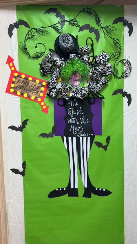 Beetle juice door decor Beetle Juice Classroom Door, Beetle Juice Bulletin Board, Door Decoration Contest, Halloween Door Decoration, Door Poster, Beetle Juice, Fun School, Door Decorating, 30th Bday