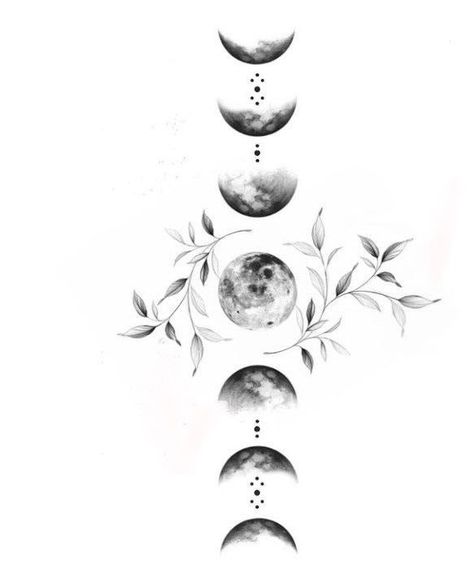 Witchy Cottagecore Aesthetic Tattoos, Lunar Spine Tattoo, Dainty Moon Phases Tattoo, Moon Phases Back Tattoo Women, Chakra Moon Phases Tattoo, Moon Phases Spine Tattoos For Women, Moon Phases Tattoo Ribs, Lunar Phases Tattoo Spine, Magic Moon Tattoo