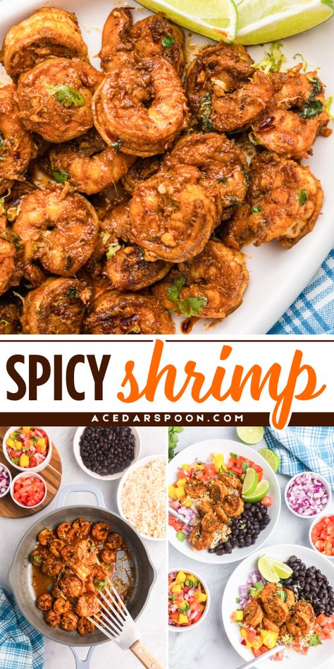 This Spicy Shrimp recipe uses warm spices to create deep flavor in jumbo shrimp that is pan seared and creates a tender, juicy shrimp. It is a great appetizer served with a cool dipping sauce or atop a rice bowl with beans, salsa, diced vegetables and fresh cilantro. You will love this easy shrimp dish that can be on your table in under 20 minutes! Spicy Asian Shrimp Recipes, Southwest Shrimp Bowl, Spicy Shrimp Rice Bowl, Spicy Sauteed Shrimp, Spicy Shrimp Boil Recipe, Spicy Shrimp Bowl, Spicy Shrimp Recipe, Shrimp Rice Bowl, Diced Vegetables