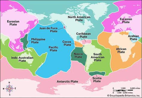 The theory, or idea, of plate tectonics says that Earth’s outer layer is made up of large, moving pieces called plates. All of Earth’s land and water sit on these plates. The plates are made of solid rock. Under the plates is a weaker layer of partially melted rock. The plates are constantly moving over this weaker layer. Geography Vocabulary, Plate Tectonic Theory, Plate Boundaries, Continental Drift, Plate Tectonics, Geography