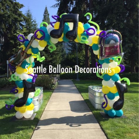 Music Theme Balloon Garland, Music Balloon Garland, Music Balloon Arch, Music Theme Party, Retro Party Decorations, Neon Pool Parties, Bridge Kids, Party Balloon Arch, Field Day Activities