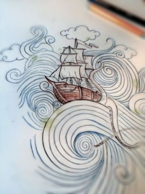 Kraken Sketch, Ship Sketch, Awesome Tattoo, Themed Bedroom, A Ship, Pen Art, Art Plastique, Ink Drawing, Drawing Inspiration